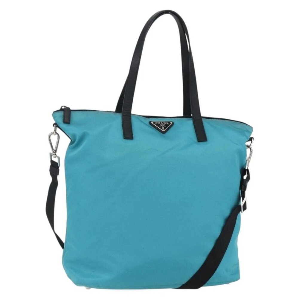 PRADA Tote Bag Nylon 2way Turquoise Blue Silver - Picture 1 of 16